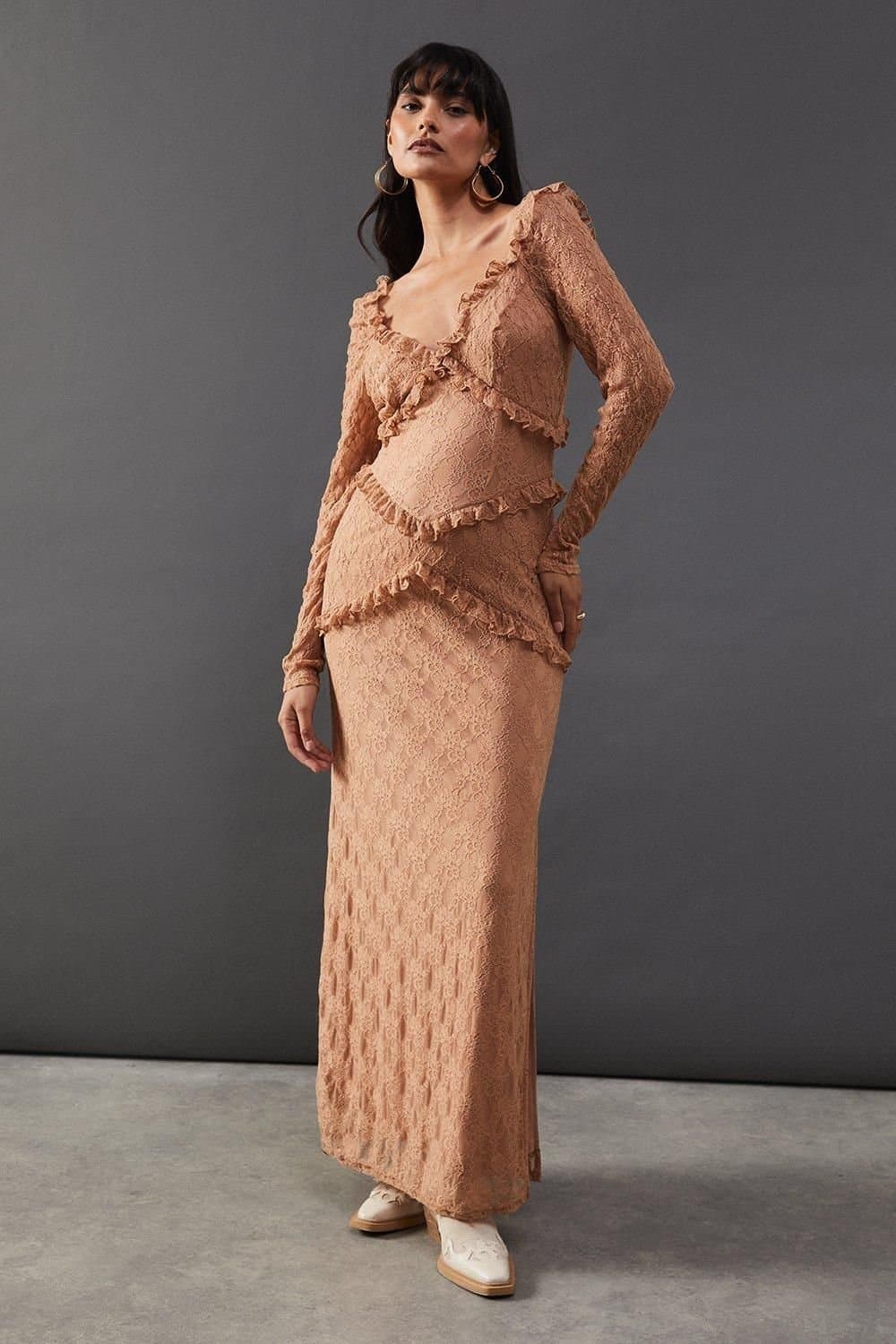 Warehouse Warehouse Women's Mixed Lace Sweetheart Neck Maxi Dress in Taupe