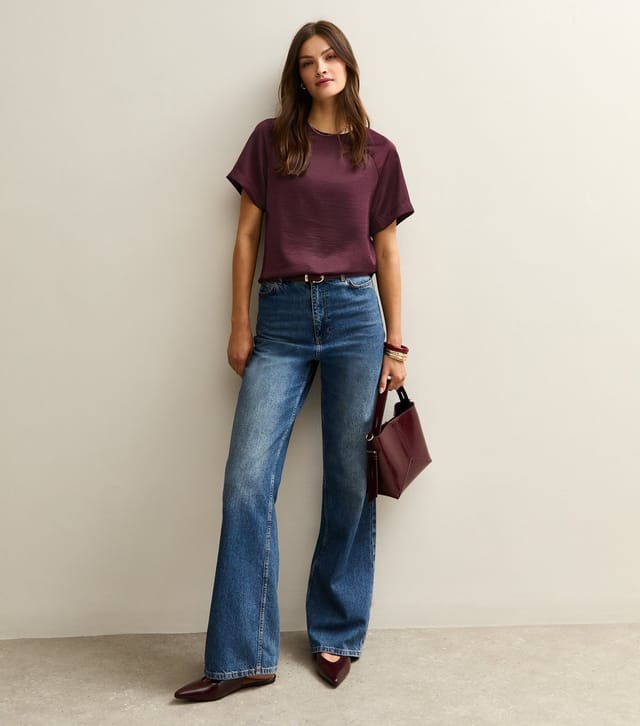 New Look Women's Tall Dark Burgundy Satin Short Sleeve Top New Look - 2