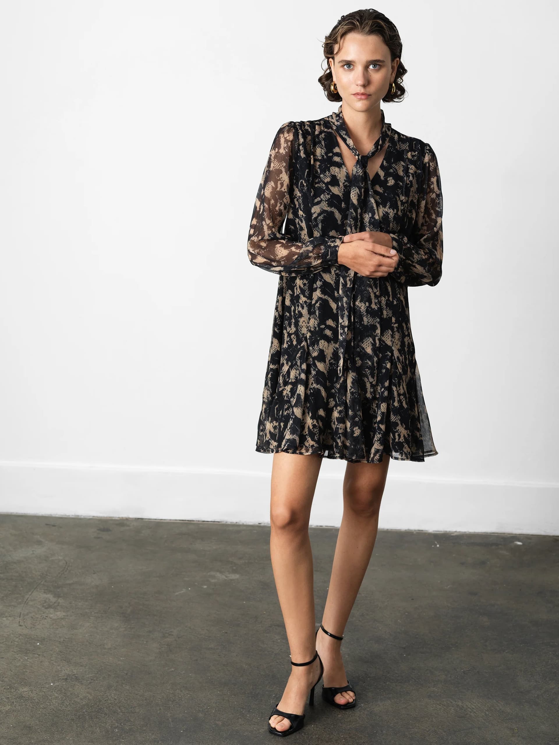 French Connection Hallie Black Snake Print Chiffon Mini Dress Black Multi