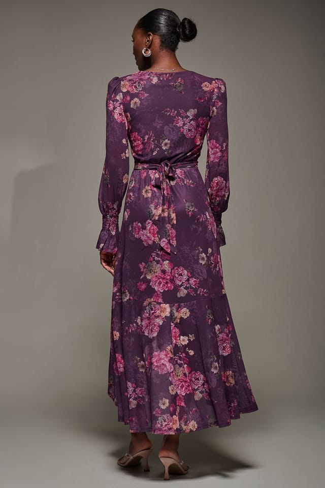 Jolie Moi Jolie Moi Women's Long Sleeve Frill Hem Mesh Maxi Dress in Purple - 2