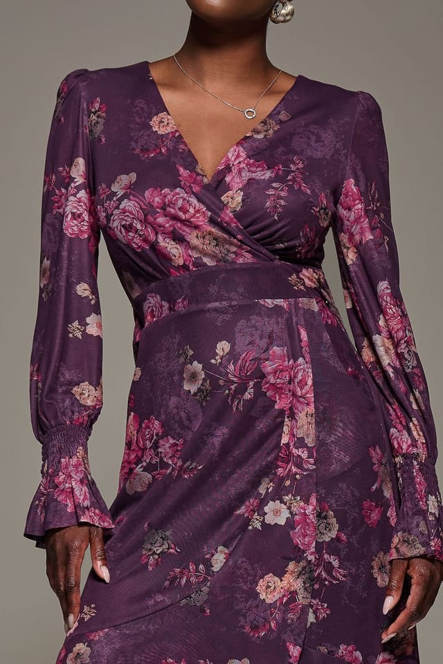 Jolie Moi Jolie Moi Women's Long Sleeve Frill Hem Mesh Maxi Dress in Purple - 3