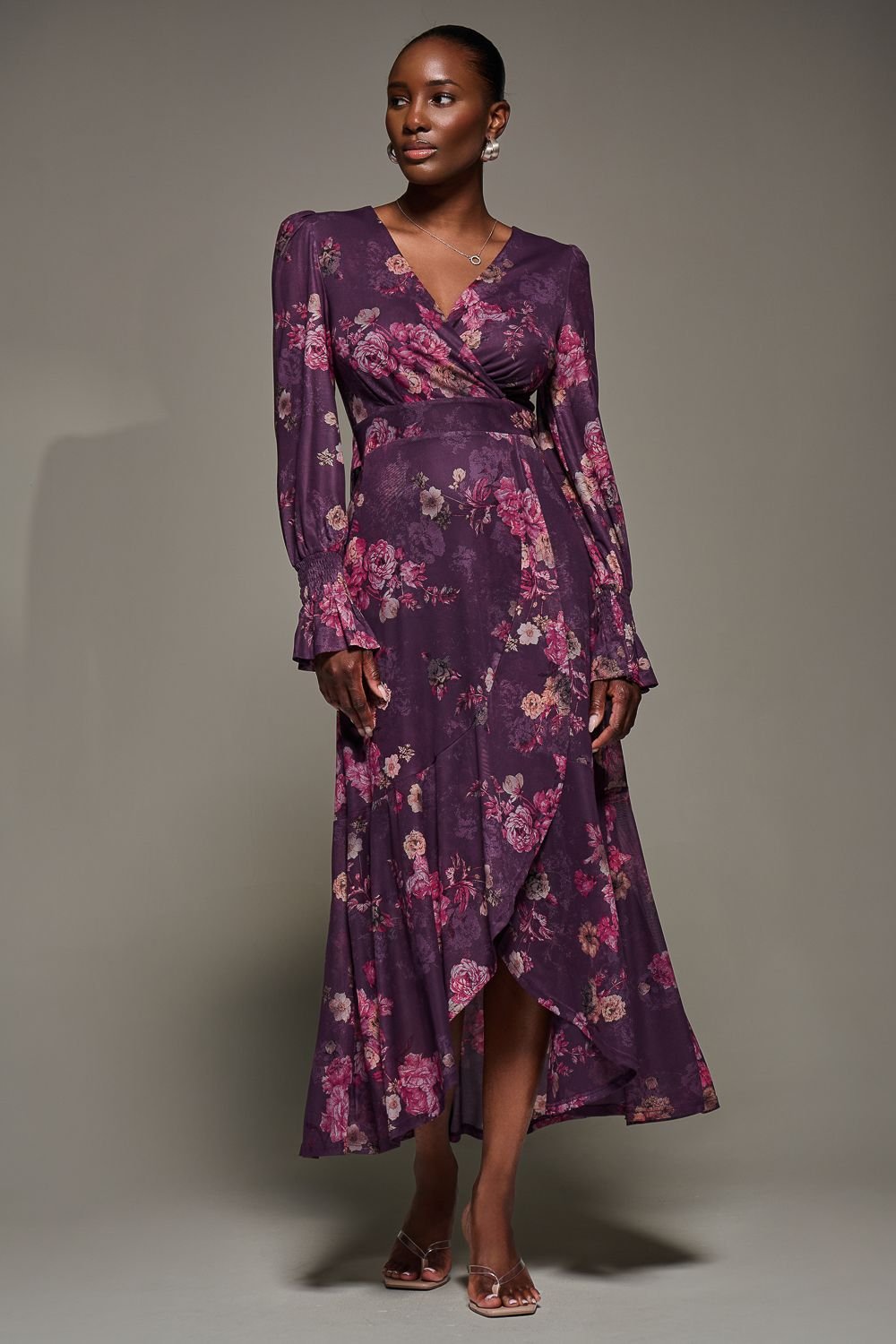 Jolie Moi Jolie Moi Women's Long Sleeve Frill Hem Mesh Maxi Dress in Purple - 4