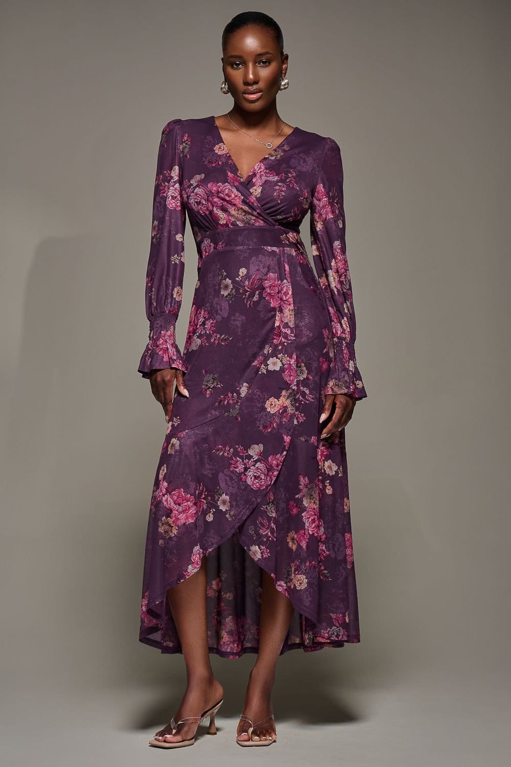 Jolie Moi Jolie Moi Women's Long Sleeve Frill Hem Mesh Maxi Dress in Purple - 4