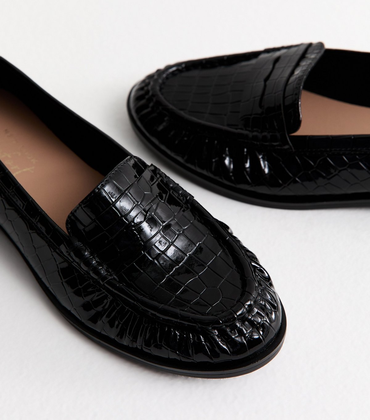 New Look Women's Black Faux Leather Croc Embossed Penny Loafers Vegan New Look - 3