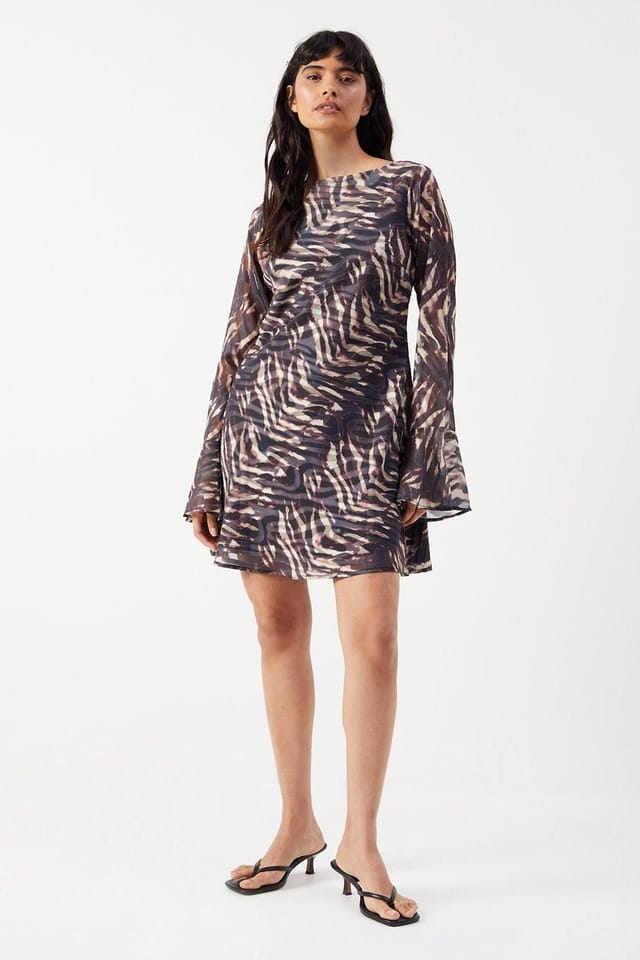 Warehouse Warehouse Women's Zebra Burnout Chiffon Bias Tie Back Mini Dress in Brown - 2