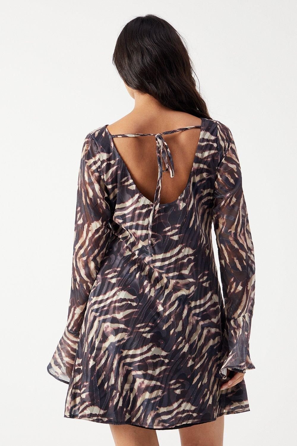 Warehouse Warehouse Women's Zebra Burnout Chiffon Bias Tie Back Mini Dress in Brown - 3