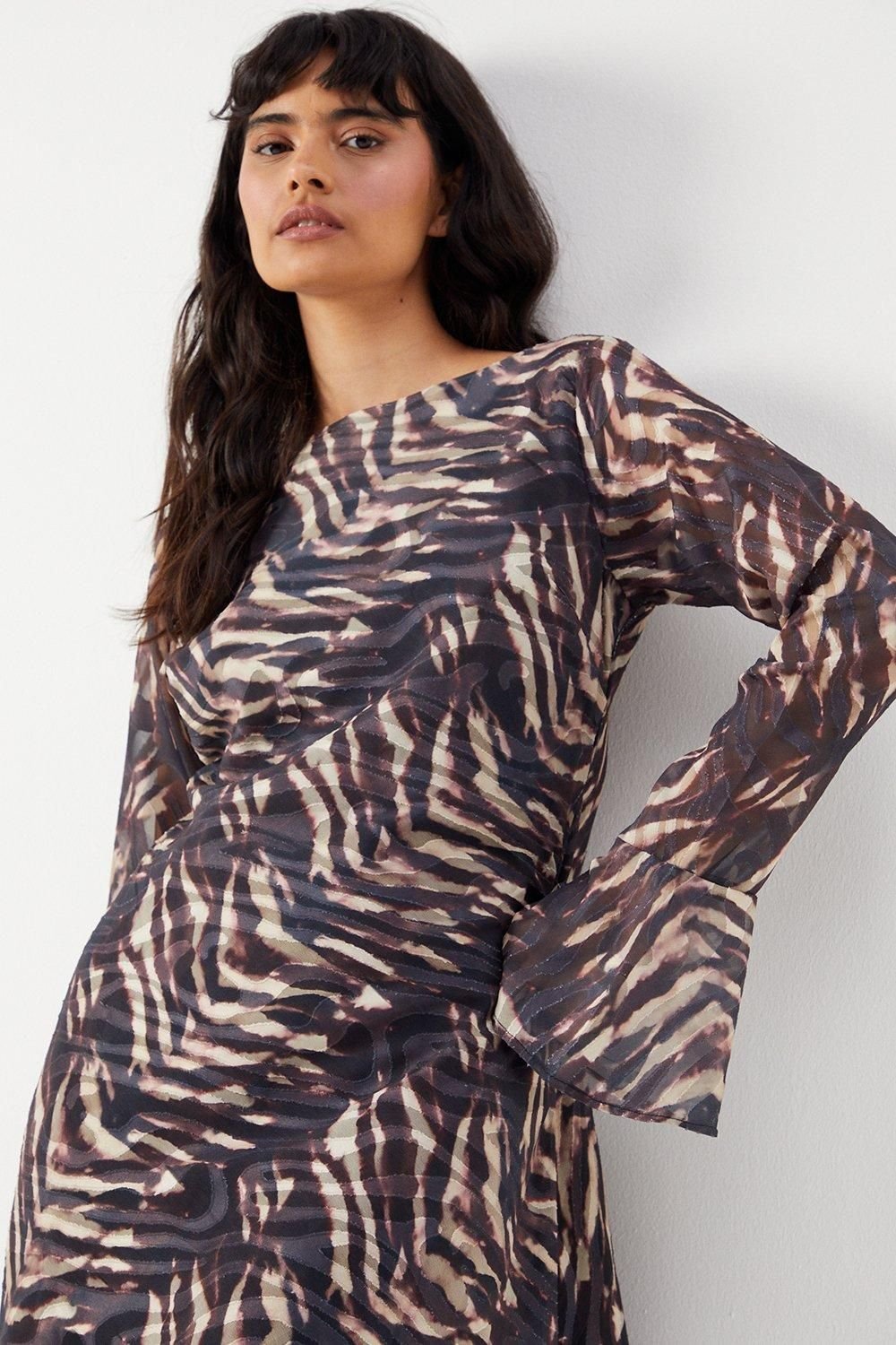 Warehouse Warehouse Women's Zebra Burnout Chiffon Bias Tie Back Mini Dress in Brown - 4