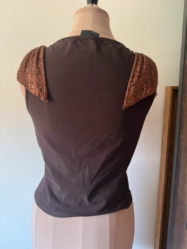ASOS Design chocolate brown vest top blouse glitter sequin shoulder bows size 10
