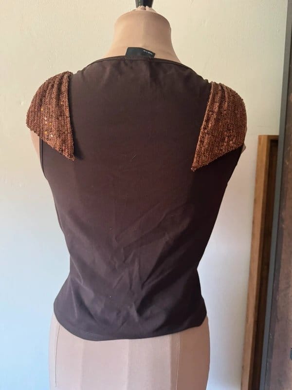 ASOS Design chocolate brown vest top blouse glitter sequin shoulder bows size 10 - 1