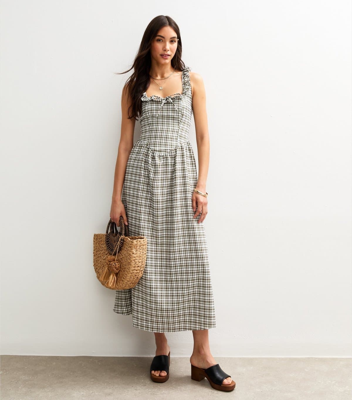 New Look Women's Green Check Print Strappy Corset Midi Dress New Look