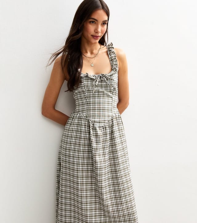 New Look Women's Green Check Print Strappy Corset Midi Dress New Look - 3