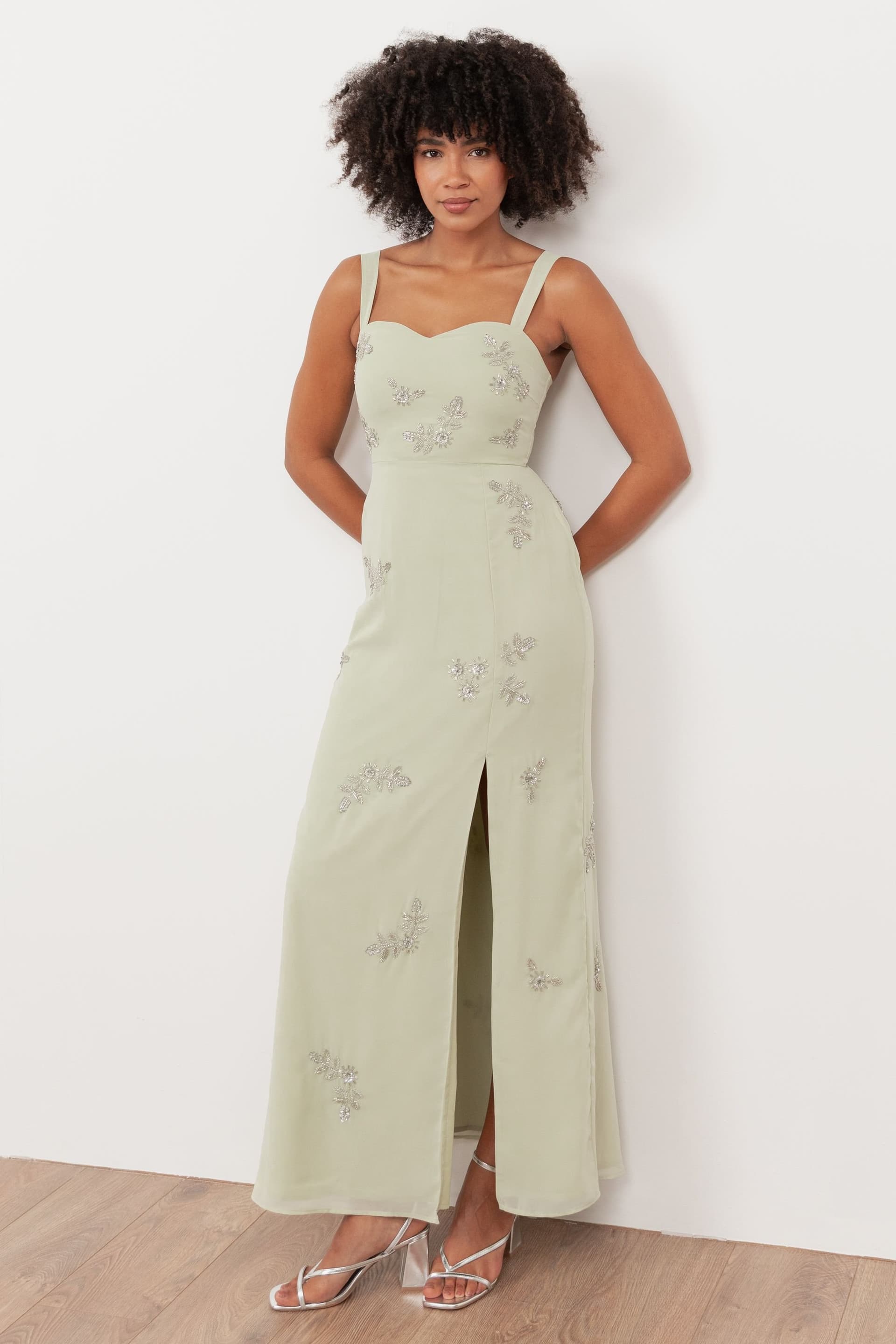 Maya Deluxe Maya Deluxe Women's Embellished Strappy Maxi Dress in Light Green