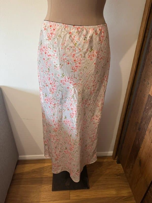 ASOS Design Cottagecore Pink Floral Slip Skirt - Cream Satin Midi Maxi size 10