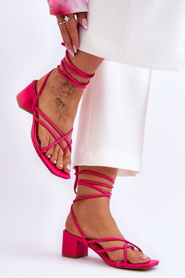 Love Lace Love Lace Women's Strappy Square Toe Sandals With Calf Binding Low Heel Post in Fuchsia - 2