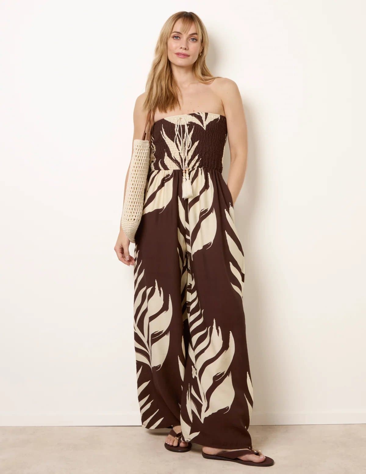Blue Vanilla Printed Bandeau Tie Neck Shirred Jumpsuit