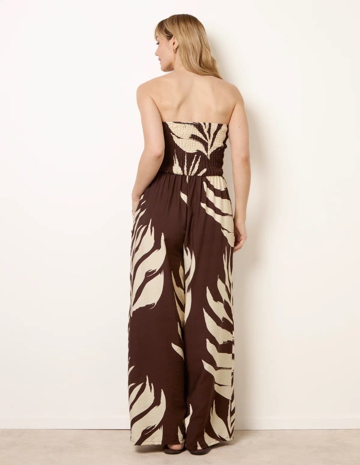 Blue Vanilla Printed Bandeau Tie Neck Shirred Jumpsuit - 4