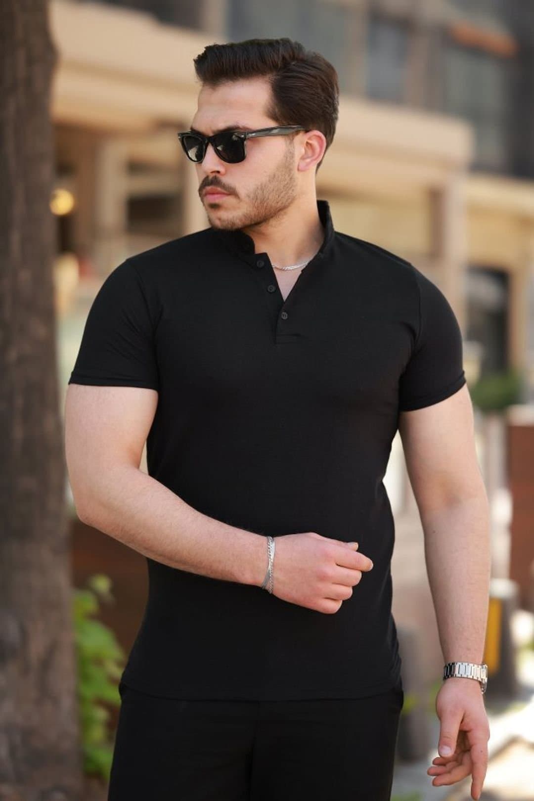 Janes Janes Men's Black Mandarin Collar T-Shirt