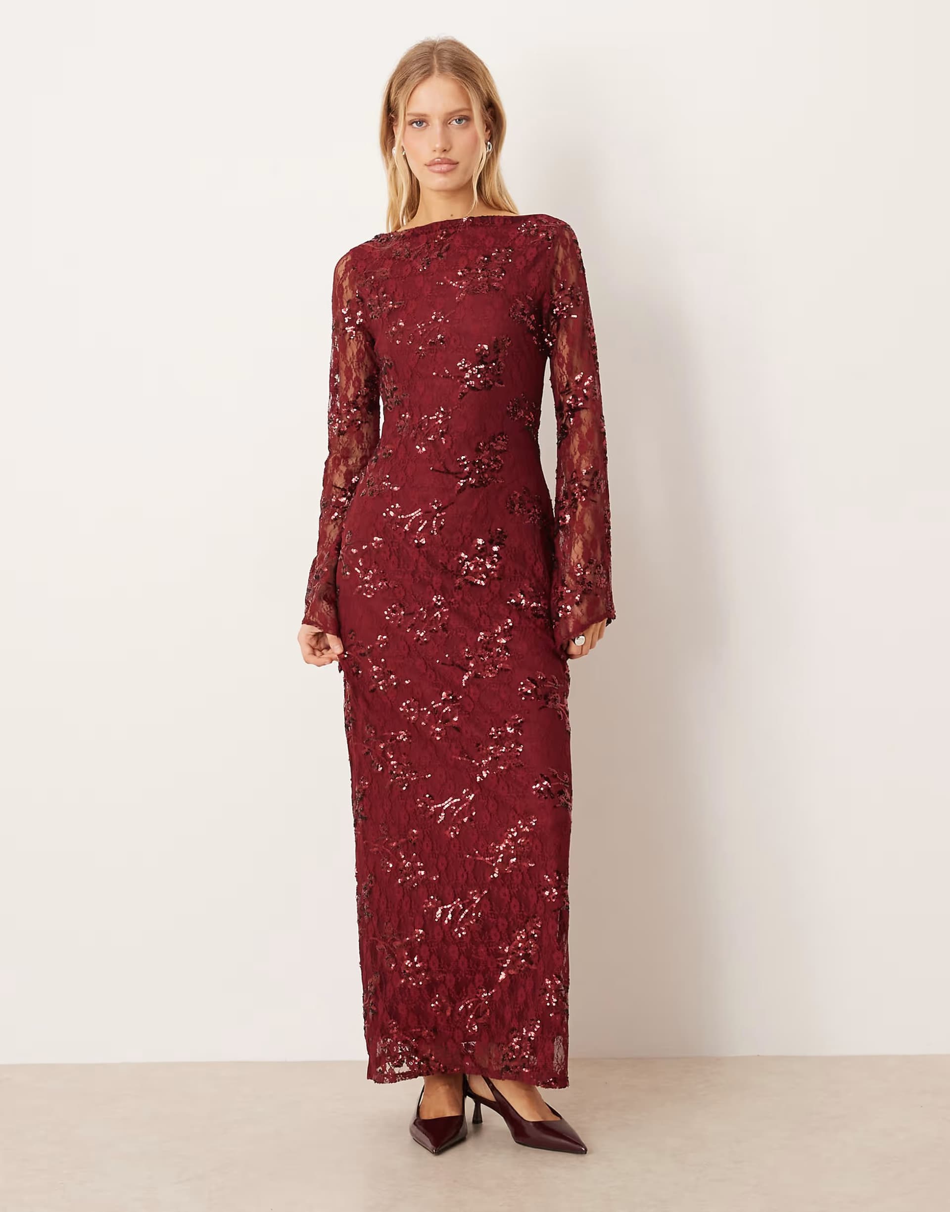 ASOS ASOS DESIGN long sleeve sequin lace maxi dress in burgundy