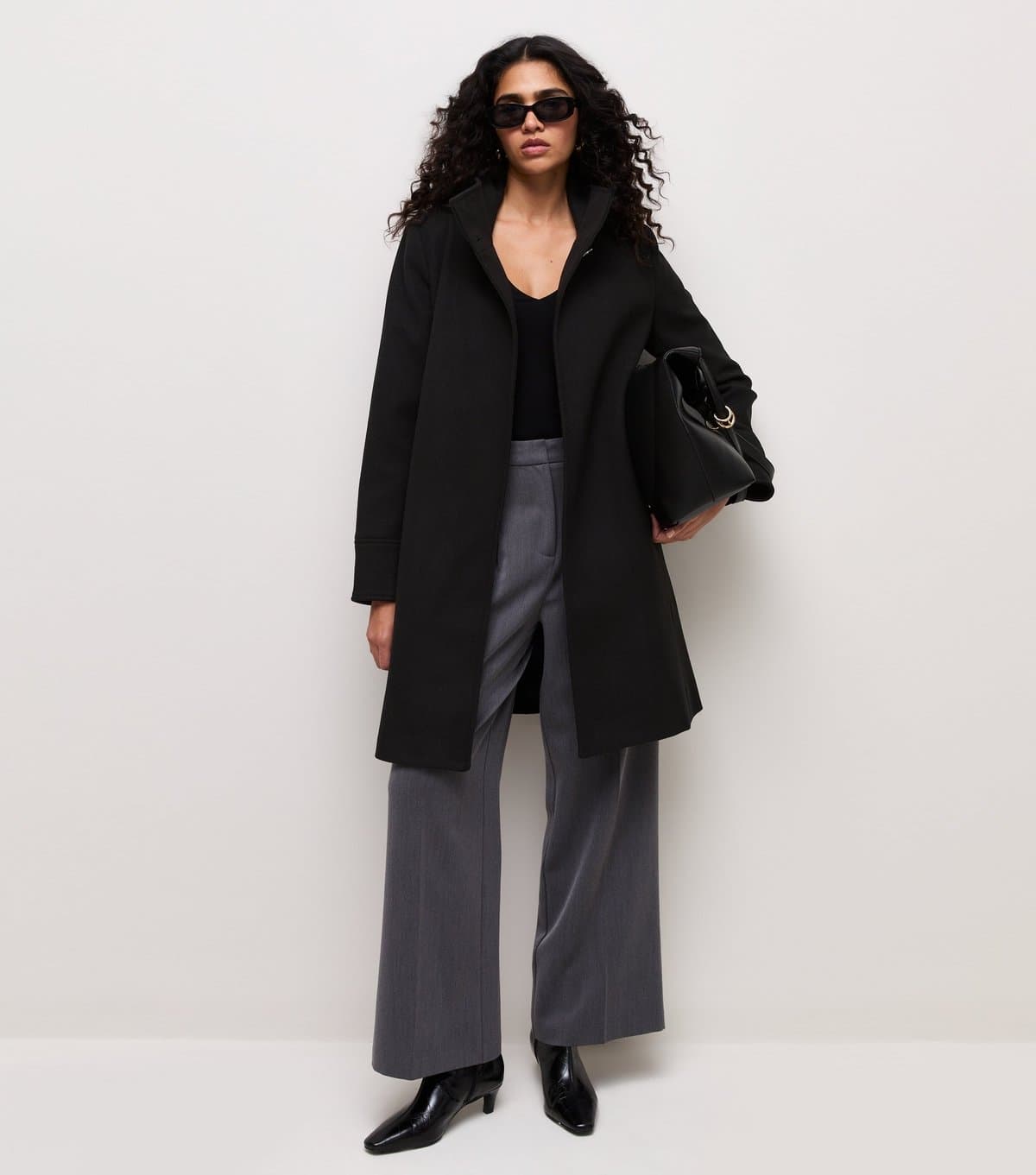 New Look Women's Black Woven Funnel Neck Button Coat New Look
