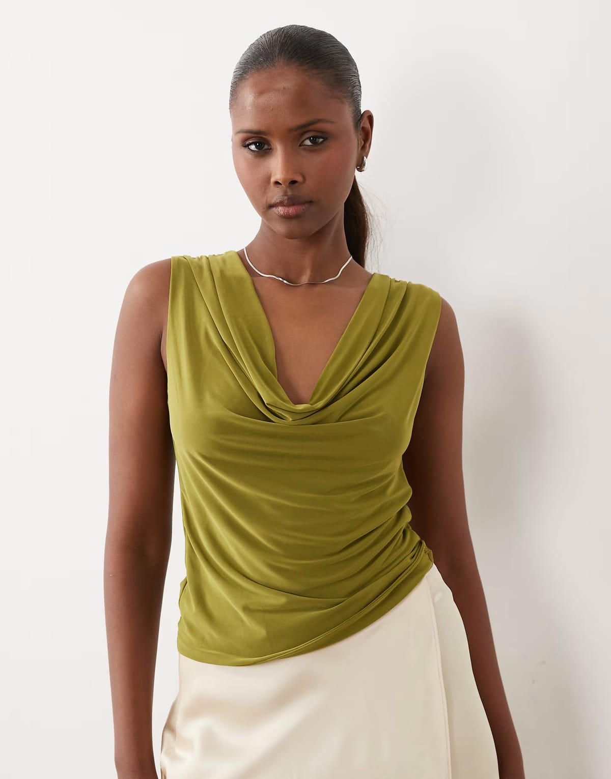 ASOS ASOS DESIGN slinky cowl drape top in olive - 1