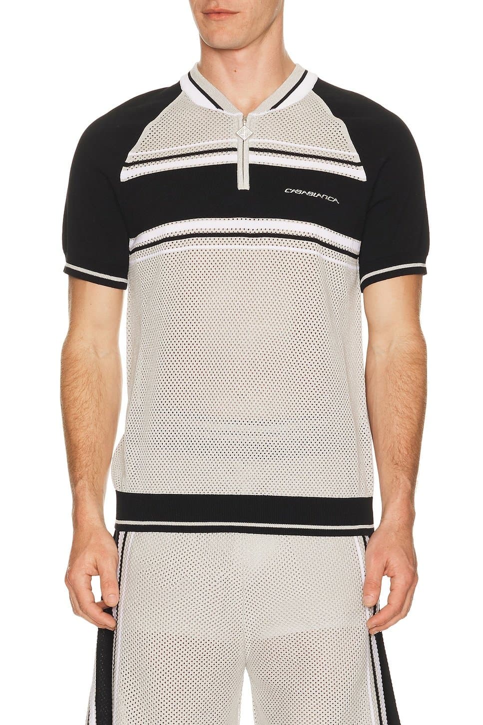 revolve Metallic Mesh Stripe Zip Polo