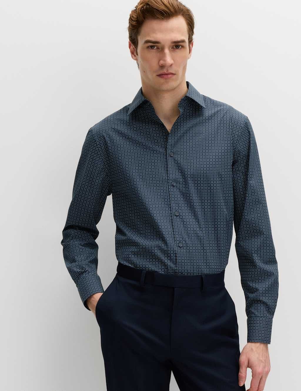 Marks & Spencer M&S Regular Fit Easy Iron Cotton Blend Shirt Navy Mix