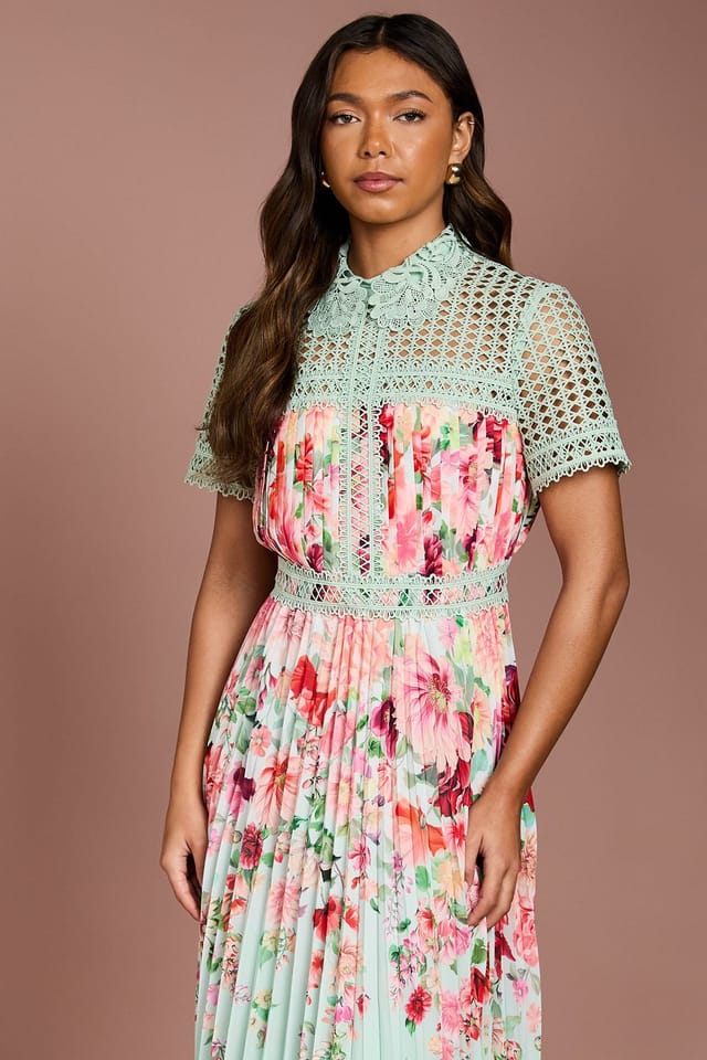 Coast Coast Women's Lisa Tan Lace Pleated Printed Midi Dress in Sage - 2