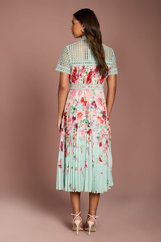Coast Coast Women's Lisa Tan Lace Pleated Printed Midi Dress in Sage - 3