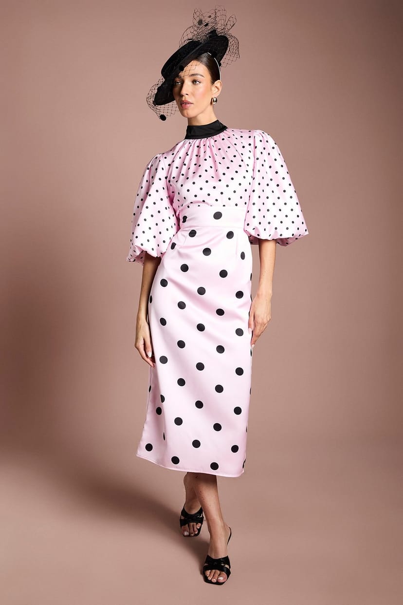 Coast Coast Women's Lisa Tan Puff Sleeve High Neck Spot Satin Midi Dress in Pink - 1