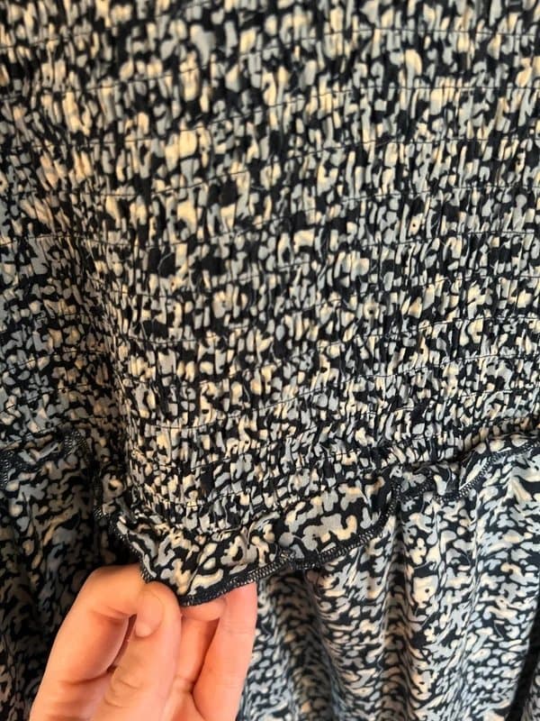 F&F Ditsy Floral Blue Midi Maxi Dress with High Neck Shirred Bodice and Tie Back Long Flowy Sleeve