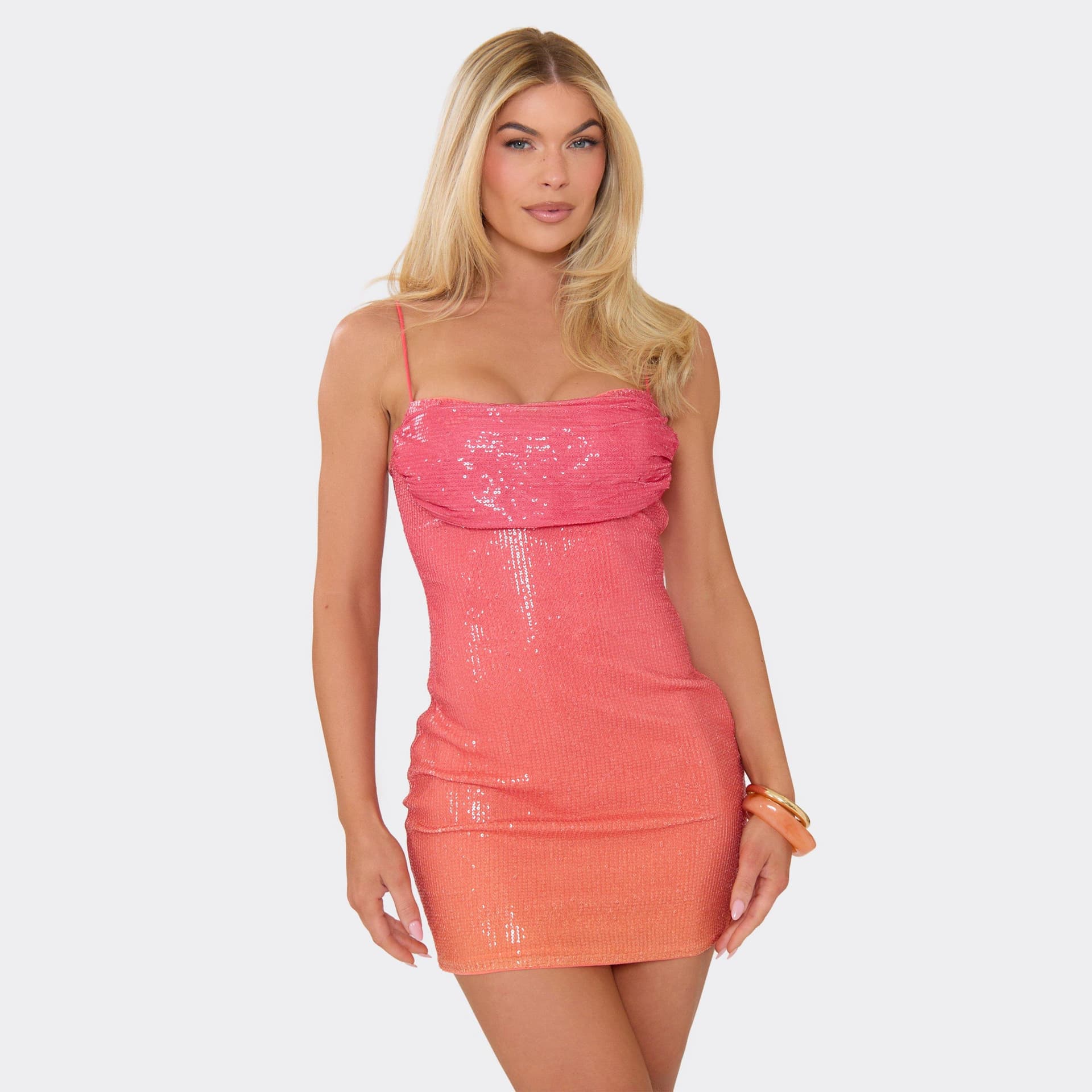 EGO Strappy Cowl Front Mini Dress In Orange Ombre Sequin, Women's Size UK 6