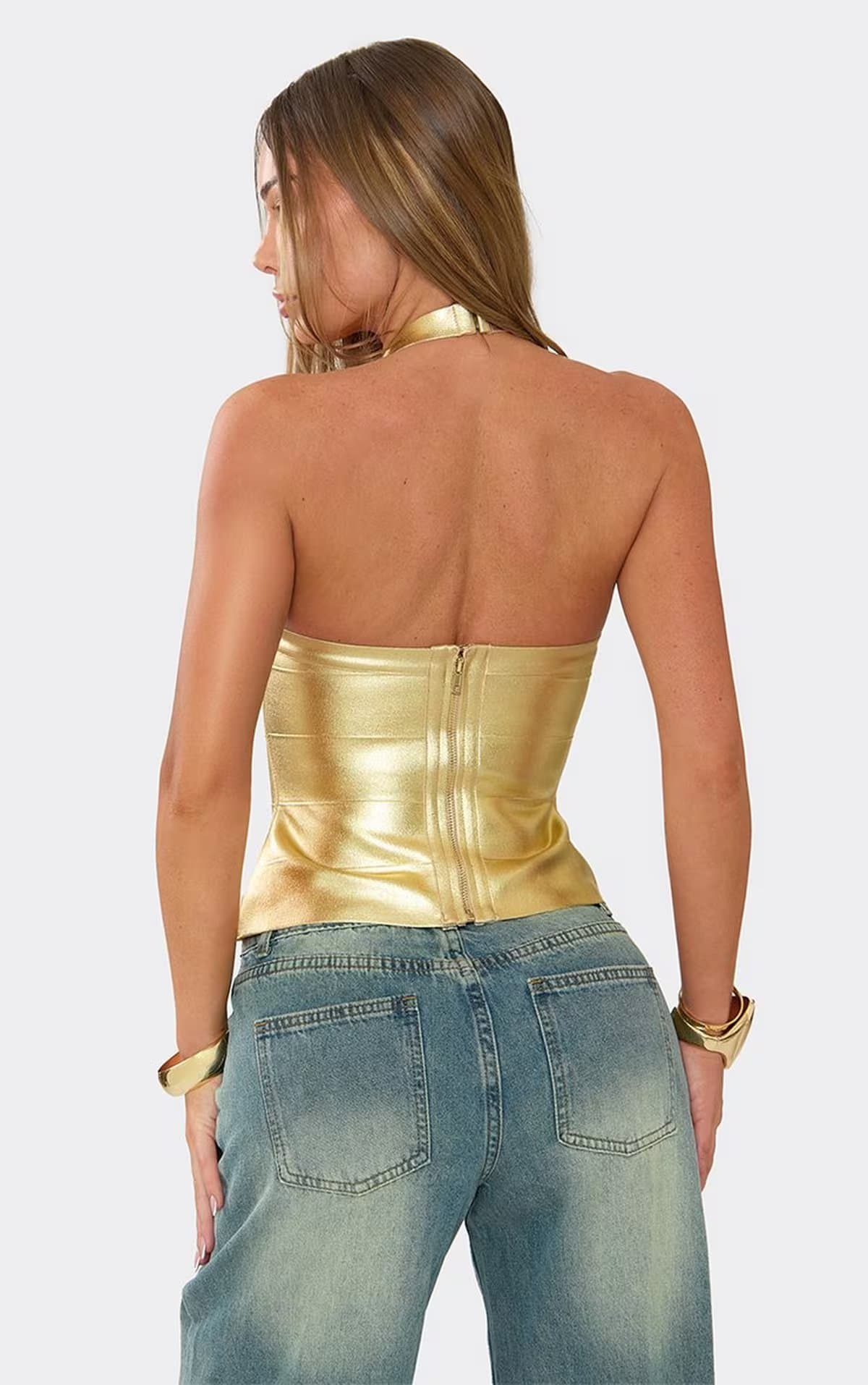 EGO Halterneck Corset Top In Gold Bandage, Women's Size UK 6