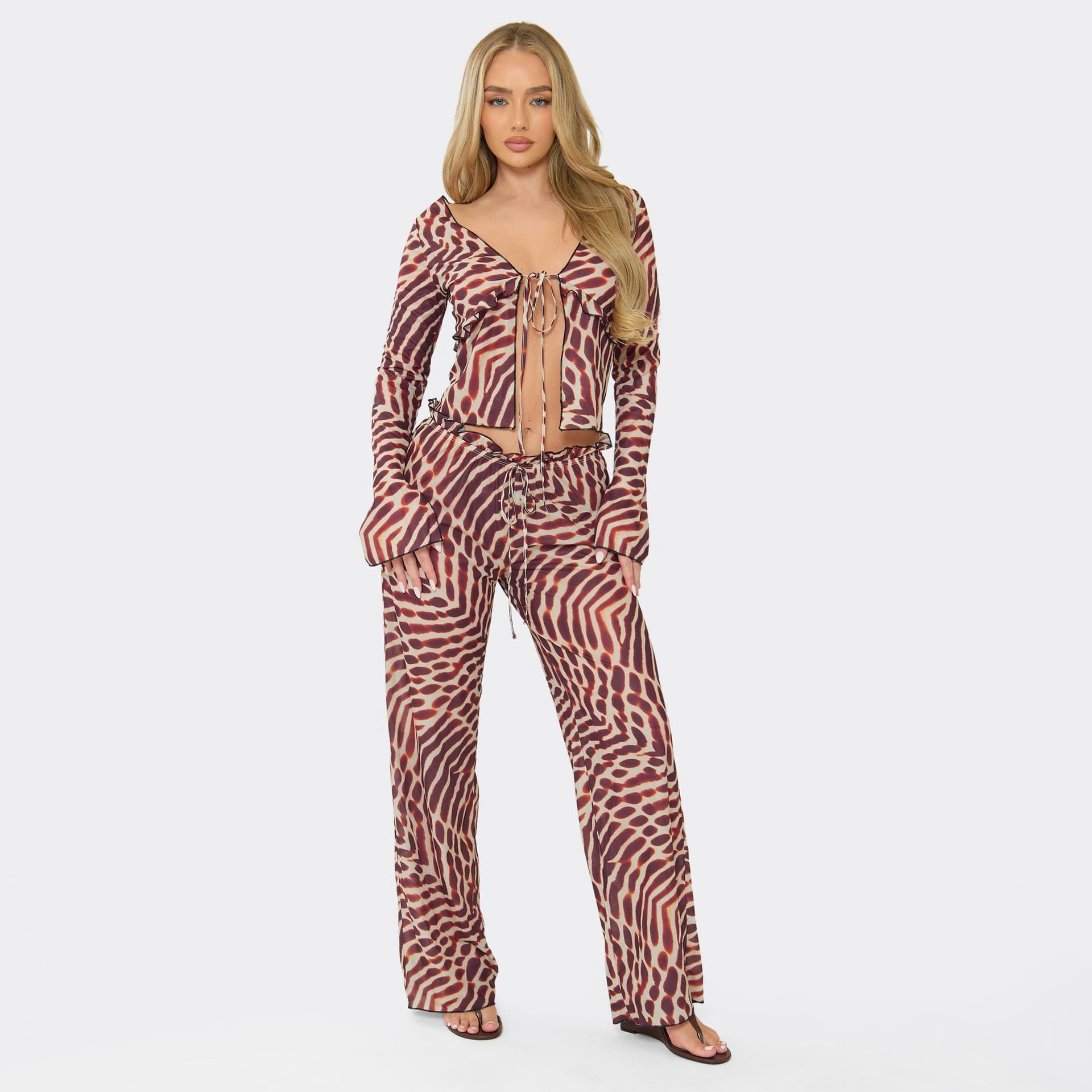 EGO Long Sleeve Tie Top And Trouser Set In Brown Leopard Print, Women's Size UK L