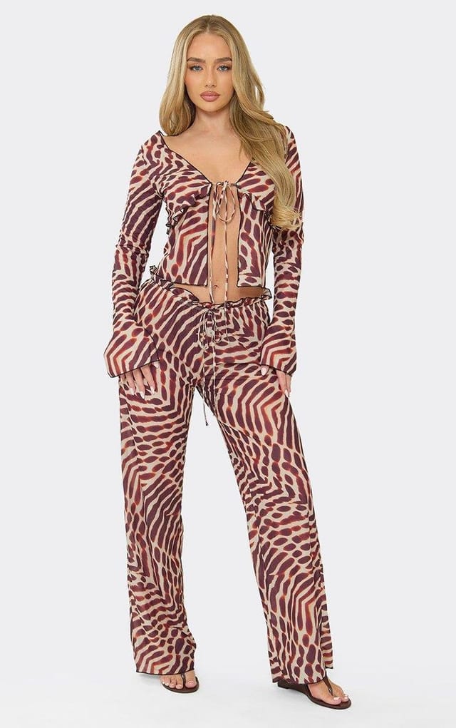 EGO Long Sleeve Tie Top And Trouser Set In Brown Leopard Print, Women's Size UK L - 2