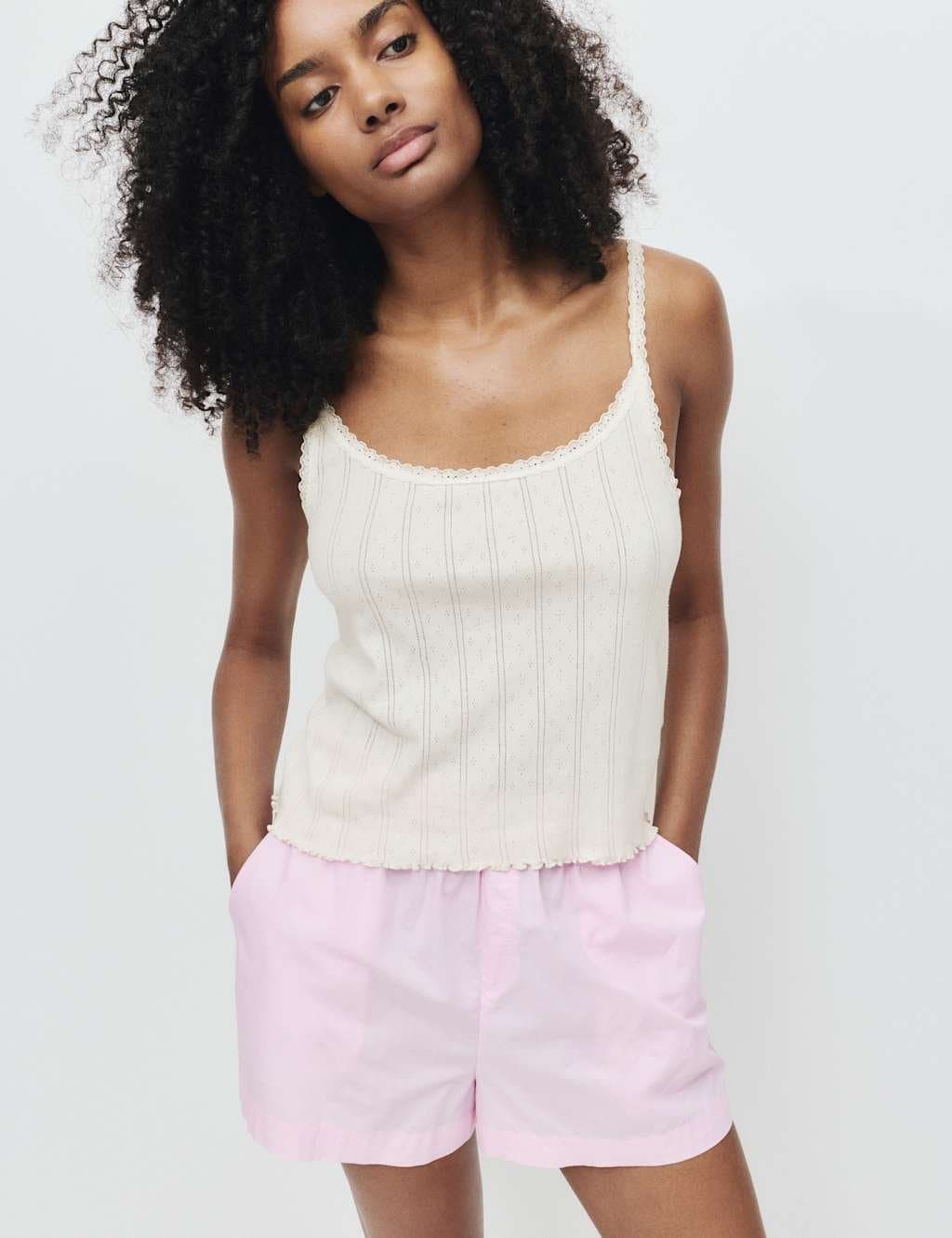 Marks & Spencer M&S Pure Cotton Pointelle Lace Cami Pyjama Top Ivory