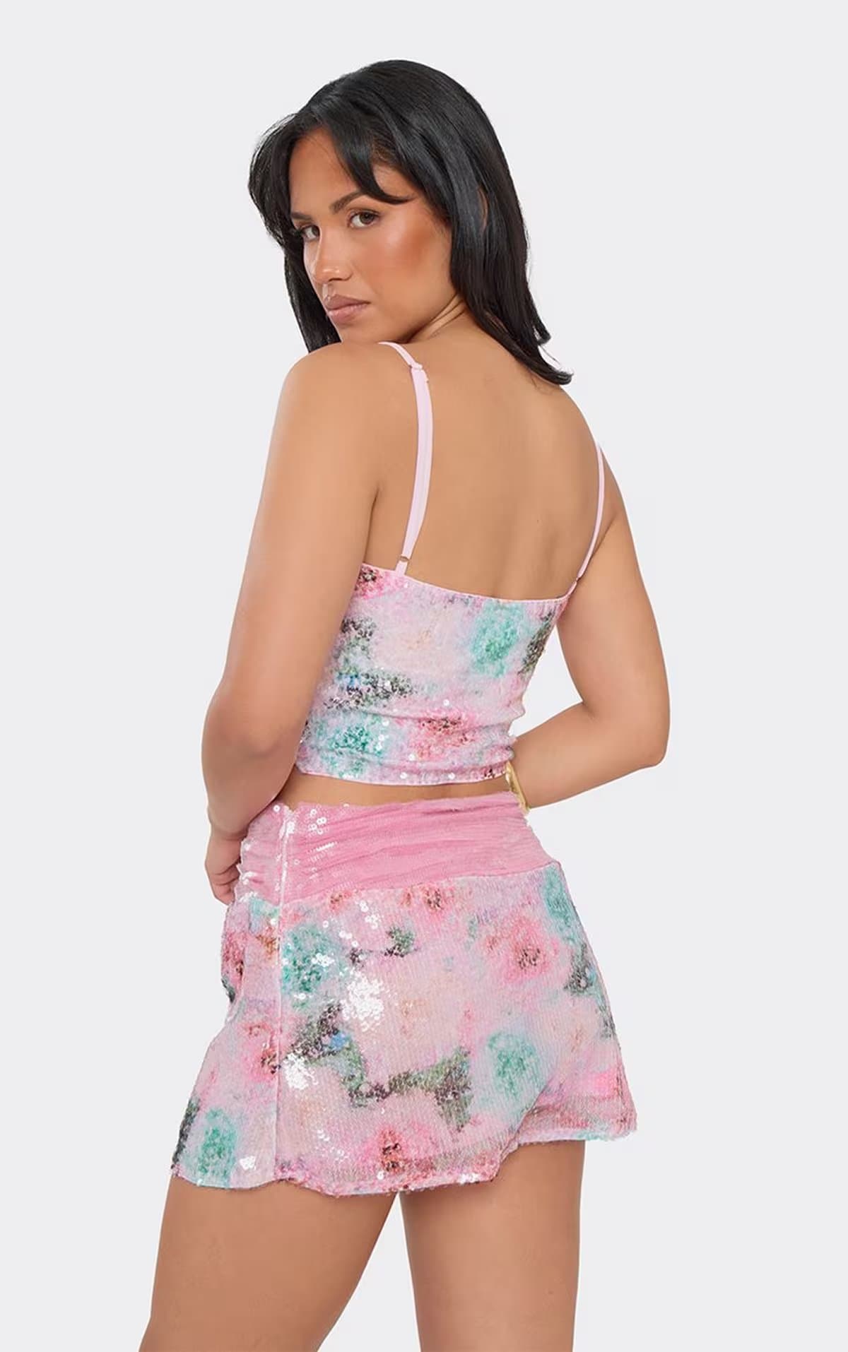 EGO Mid Rise Ruched Waistband Mini Skirt In Pink Printed Sequin, Women's Size UK 6