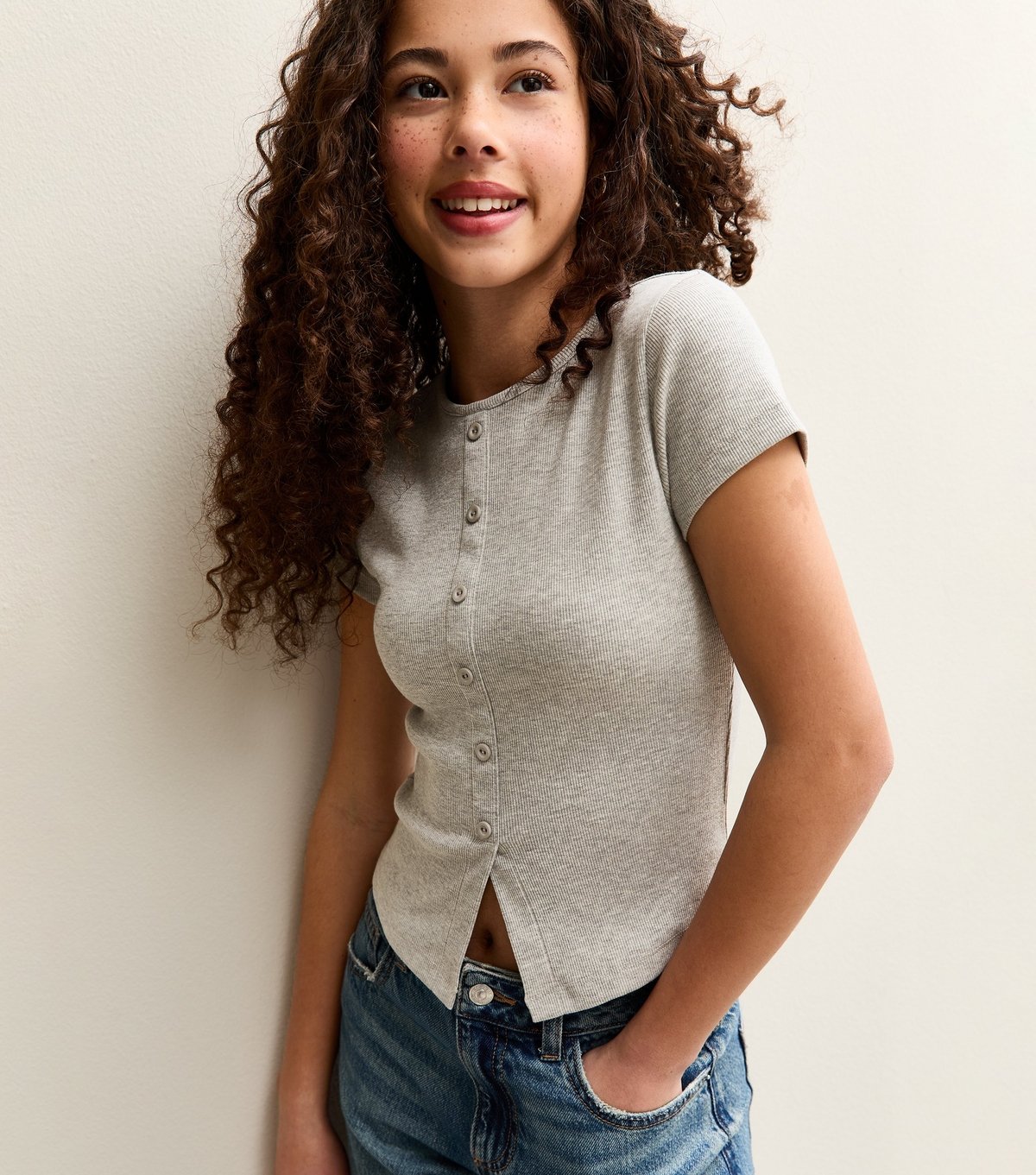 New Look Girls' Grey Ribbed Baby Tee New Look - 1