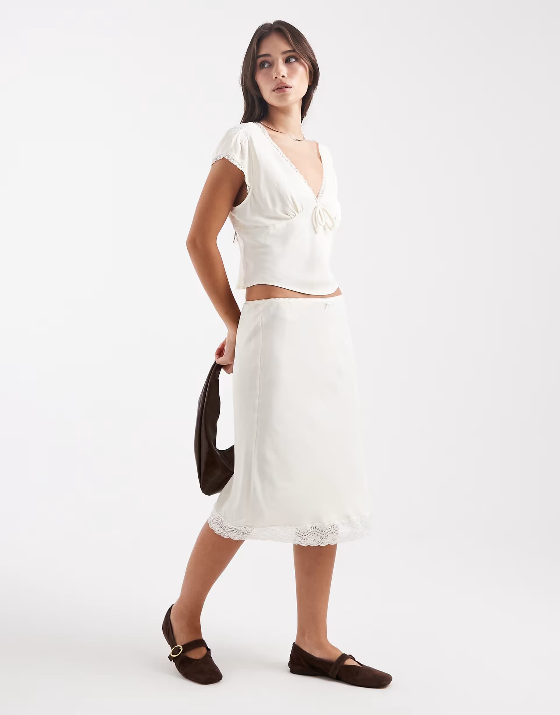 ASOS ASOS DESIGN lace trim satin co-ord midi skirt in ivory