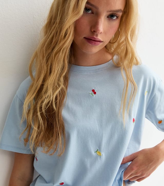 New Look Women's Blue Cotton Boxy Embroidered Fruit T-Shirt New Look - 2
