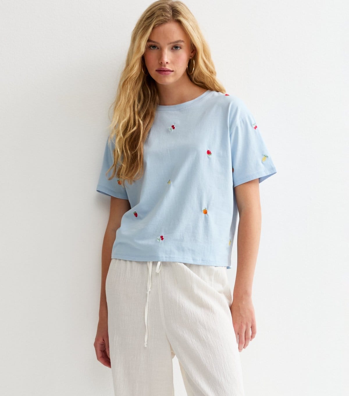 New Look Women's Blue Cotton Boxy Embroidered Fruit T-Shirt New Look - 4