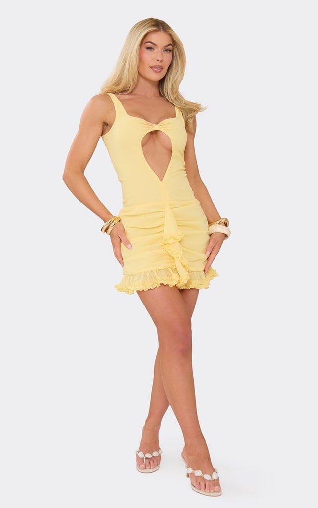 EGO Sleeveless Keyhole Cut Out Frill Hem Mini Dress In Lemon, Women's Size UK 6 - 2