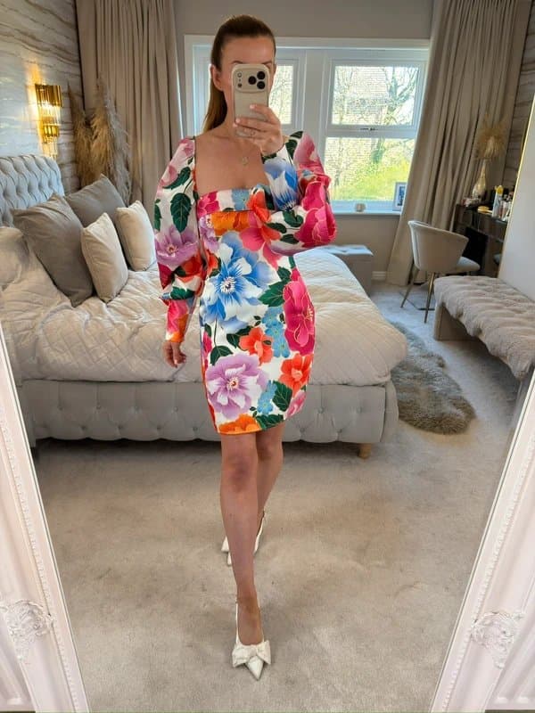 ASOS ASOS Luxe Multicoloured Floral Open Back Puff Sleeve Dress 8