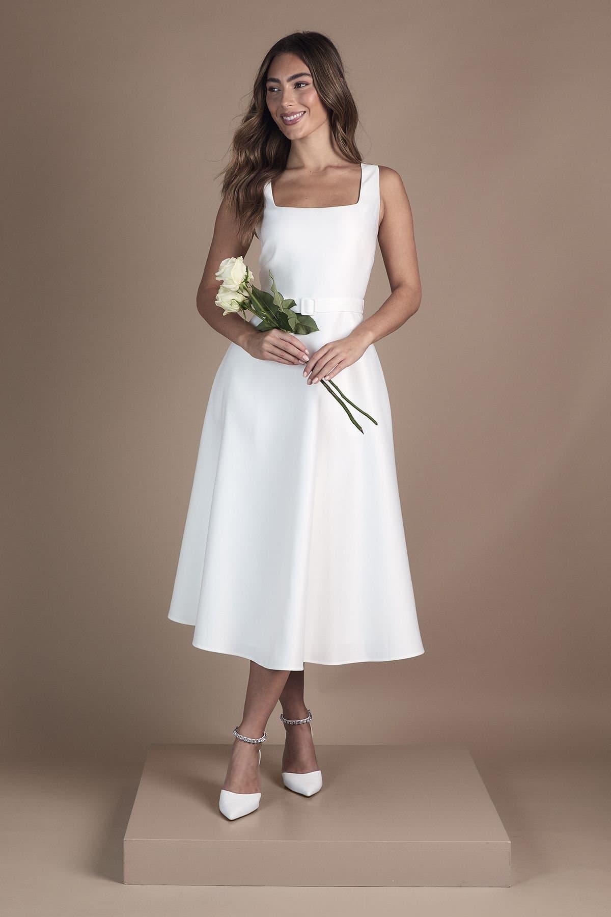 Coast Coast Women's Belted Twill Midi Wedding Dress in Ivory