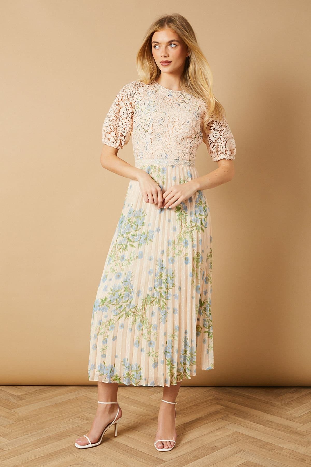 Oasis Oasis Women's Occasion Floral Lace Bodice Pleated Midi Dress in Ivory