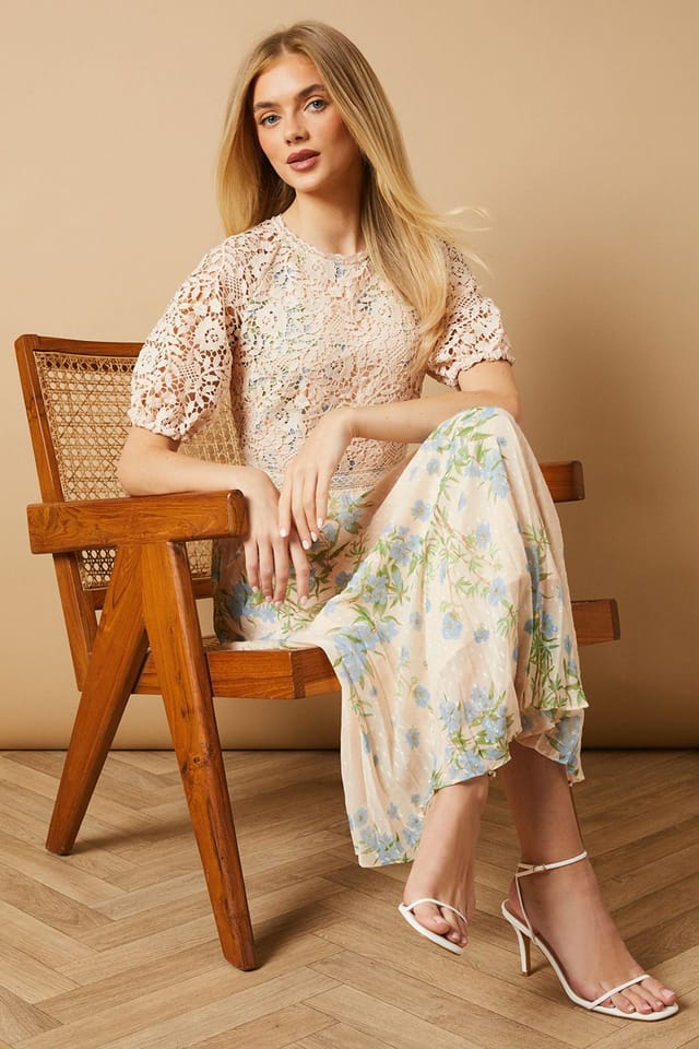 Oasis Oasis Women's Occasion Floral Lace Bodice Pleated Midi Dress in Ivory - 2