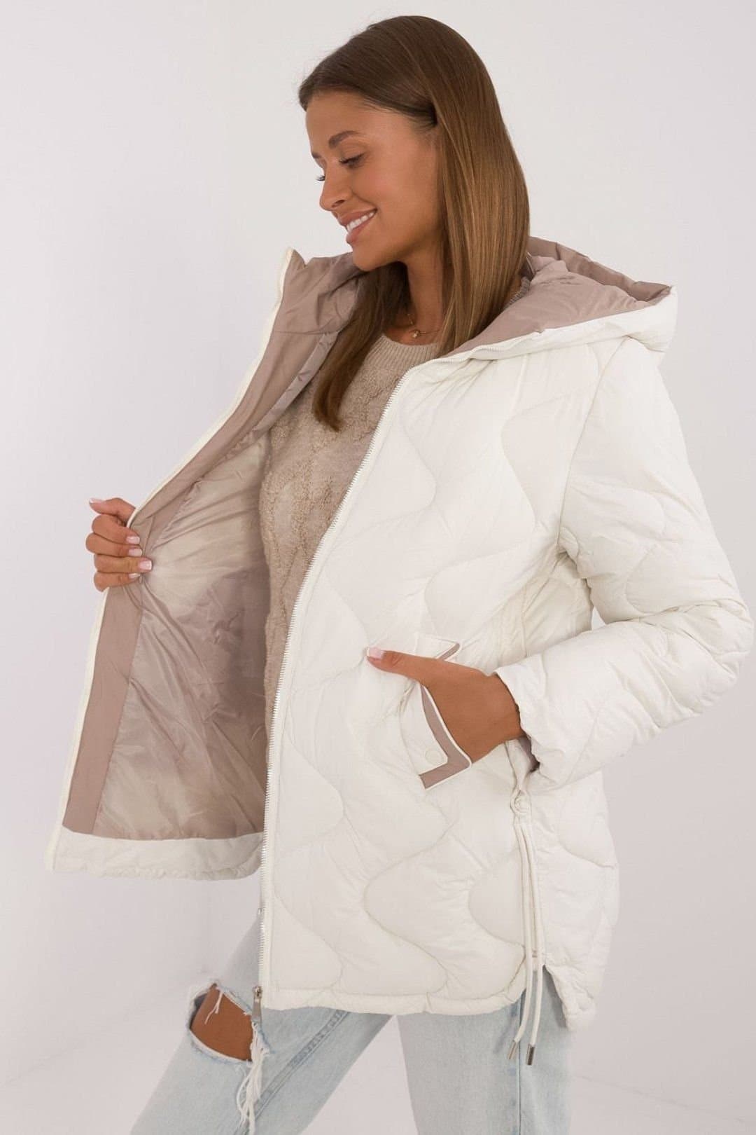 Love Lace Love Lace Women's Quilted Hooded Zip Jacket for Autumn Winter in Off-White