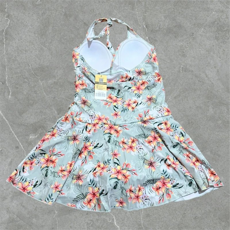 SHEKINI swim dress swimsuit shekini size 12 sage green floral tummy control halterneck - 1