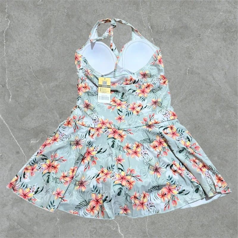 SHEKINI swim dress swimsuit shekini size 12 sage green floral tummy control halterneck