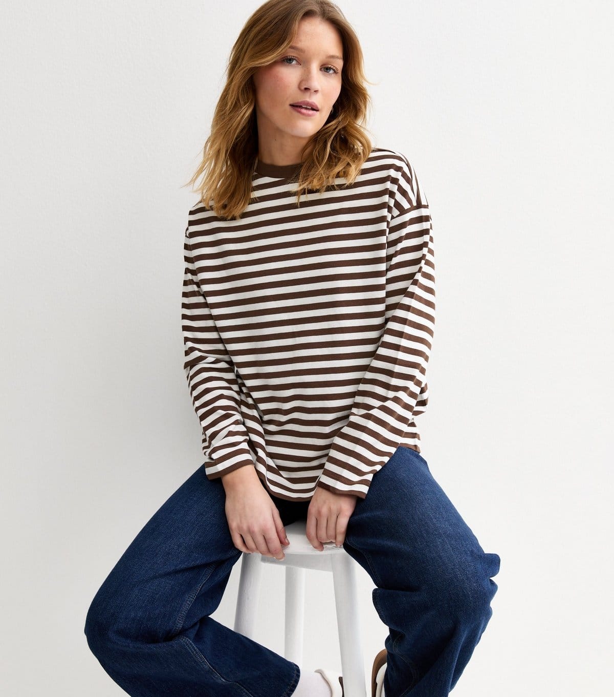 New Look Women's Brown Cotton Striped Long Sleeve Skater T-Shirt New Look - 2