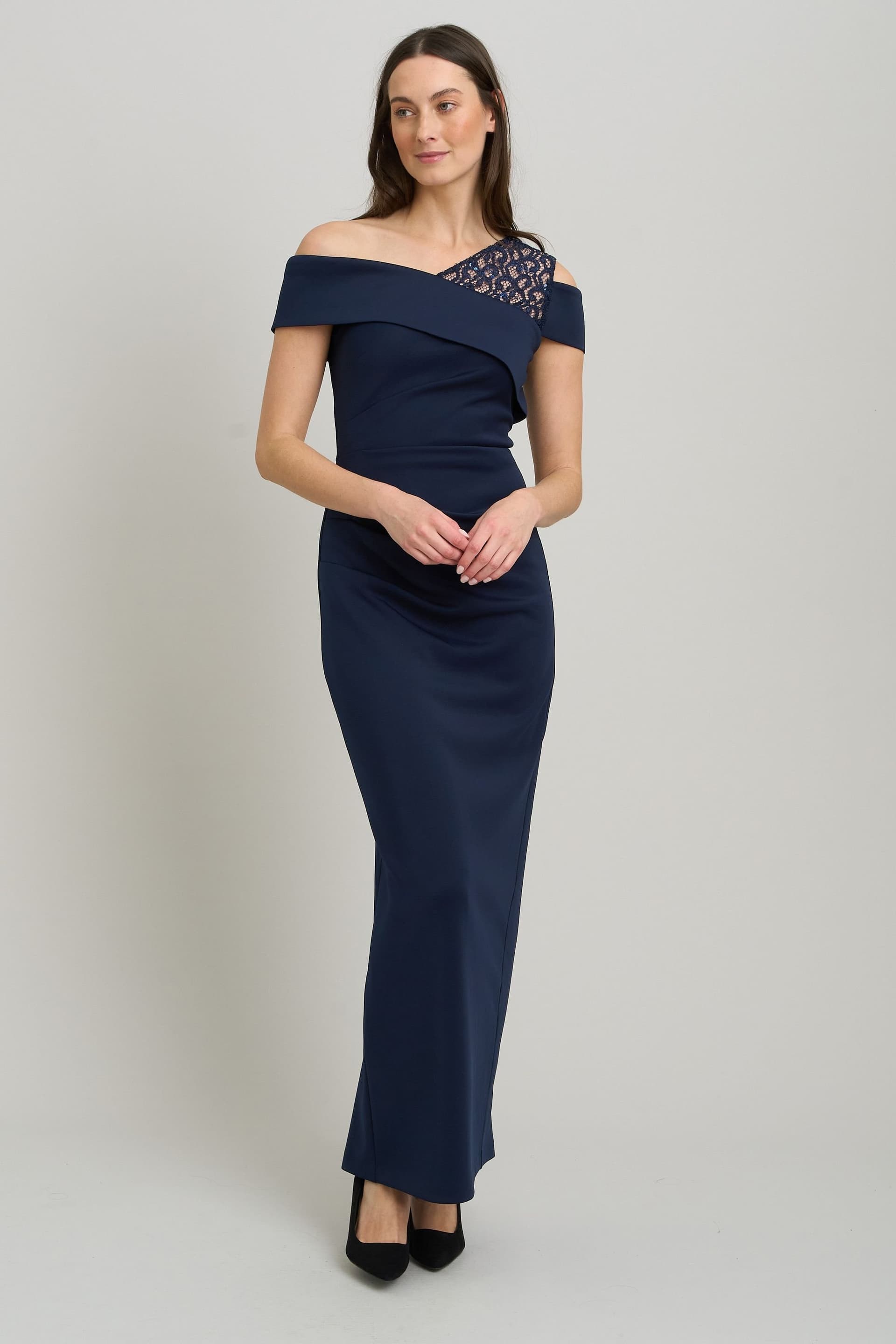 Gina Bacconi Gina Bacconi Women's Mandie One Shoulder Lace Detail Maxi Dress in Navy